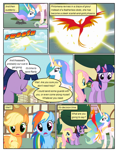 Size: 612x792 | Tagged: safe, artist:newbiespud, derpibooru import, edit, edited screencap, screencap, fluttershy, philomena, princess celestia, rainbow dash, twilight sparkle, alicorn, earth pony, pegasus, phoenix, pony, unicorn, comic:friendship is dragons, a bird in the hoof, big crown thingy, comic, d:, dialogue, element of magic, female, hat, hoof shoes, hooves, horn, jewelry, looking up, mare, onomatopoeia, open mouth, peytral, ponyville, raised hoof, regalia, screencap comic, spread wings, tiara, tree, unicorn twilight, wings