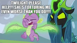 Size: 1920x1080 | Tagged: abuse, caption, claws, derpibooru import, dragon, edit, edited screencap, evil grin, excessive exclamation marks, feet, go to sleep garble, grin, image macro, implied twilight sparkle, leak, male, male feet, pain, poor spike, queen chrysalis, safe, screaming, screencap, shitposting, smiling, spike, spikeabuse, spread toes, text, the ending of the end, torture, ultimate chrysalis, underfoot, winged spike, wing pull, you know for kids