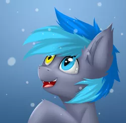 Size: 1907x1858 | Tagged: safe, artist:snowstormbat, derpibooru import, oc, oc:midnight snowstorm, bat pony, pony, ear tufts, fangs, heterochromia, simple background, snow, solo