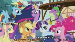 Size: 1280x720 | Tagged: alicorn, applejack, caption, derpibooru import, dragon, edit, edited screencap, fluttershy, gigachad spike, mane seven, mane six, nickname, older, older applejack, older fluttershy, older mane seven, older mane six, older pinkie pie, older rainbow dash, older rarity, older spike, older twilight, pinkie pie, princess twilight 2.0, rainbow dash, rarity, screencap, skunk stripe, spike, suggestive, text, the last problem, twilight sparkle, twilight sparkle (alicorn), winged spike