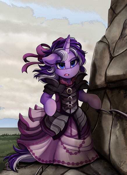 Size: 2550x3509 | Tagged: safe, artist:pridark, derpibooru import, oc, unofficial characters only, pony, unicorn, armor, bipedal, bow, cliff, clothes, commission, dress, dress armor, female, hair bow, mare, multicolored hair, multicolored tail, open mouth, semi-realistic, semi-realistic armor, solo