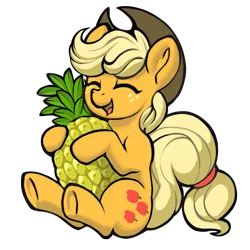 Size: 1627x1627 | Tagged: safe, artist:dimfann, derpibooru import, applejack, earth pony, pony, cute, eyes closed, female, food, freckles, happy, jackabetes, mare, open mouth, pineapple, pineapplejack, simple background, solo, transparent background