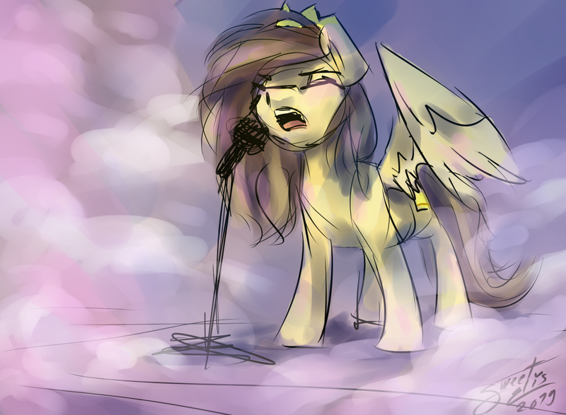 Size: 1280x939 | Tagged: safe, artist:elisdoominika, derpibooru import, oc, oc:prince whateverer, pegasus, pony, concert, crown, eyes closed, fog, jewelry, long mane, male, microphone, musician, open mouth, pegasus oc, regalia, singing, solo, stage, stallion, standing, wings