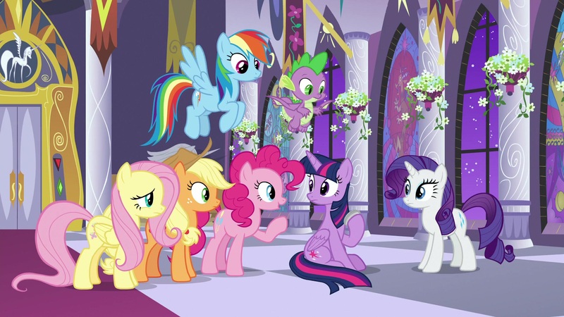 Size: 1920x1080 | Tagged: safe, derpibooru import, screencap, applejack, fluttershy, pinkie pie, rainbow dash, rarity, spike, twilight sparkle, twilight sparkle (alicorn), alicorn, dragon, pony, the summer sun setback, amulet, jewelry, mane seven, mane six, winged spike