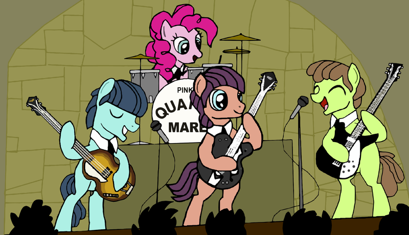 Size: 2238x1288 | Tagged: safe, artist:dr nick taco, derpibooru import, lonely hearts, northern song, pinkie pie, strawberry fields, ponified, earth pony, pony, party pooped, band, george harrison, image, john lennon, musical instrument, musician, paul mccartney, png, the beatles