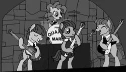 Size: 2238x1288 | Tagged: safe, artist:dr nick taco, derpibooru import, lonely hearts, northern song, pinkie pie, strawberry fields, ponified, earth pony, pony, party pooped, band, george harrison, image, john lennon, monochrome, music, musical instrument, paul mccartney, png, the beatles, vintage