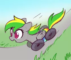 Size: 1200x1007 | Tagged: safe, artist:dawnfire, derpibooru import, oc, oc:wheely bopper, unofficial characters only, original species, pegasus, wheelpone, female, floppy ears, happy, image, jpeg, open mouth, road, solo, wings