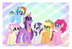 Size: 1237x849 | Tagged: safe, alternate version, artist:eve-of-halloween, artist:lui-akita, derpibooru import, edit, applejack, fluttershy, pinkie pie, rainbow dash, rarity, twilight sparkle, twilight sparkle (alicorn), alicorn, earth pony, pegasus, pony, unicorn, hallowverse, alternate hairstyle, alternate universe, base used, female, glasses, mane six, mare, older, simple background