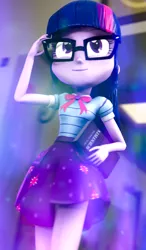 Size: 605x1035 | Tagged: safe, artist:kyloren2000, derpibooru import, sci-twi, twilight sparkle, equestria girls, equestria girls series, 3d, book, bowtie, clothes, effects, female, geode of telekinesis, glasses, magical geodes, ponytail, skirt, solo, source filmmaker