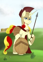 Size: 1748x2480 | Tagged: safe, artist:dyonys, derpibooru import, oc, oc:miss libussa, pony, unicorn, armor, cape, clothes, female, shield, smiling, spartan, spear, standing, weapon