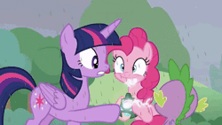 Size: 640x360 | Tagged: safe, derpibooru import, screencap, applejack, discord, fluttershy, pinkie pie, princess celestia, princess luna, rainbow dash, rarity, spike, starlight glimmer, twilight sparkle, twilight sparkle (alicorn), alicorn, pony, the ending of the end, animated, bell, chaos magic, chaos pinkie, equestria is doomed, female, giant pony, giantess, gif, grogar's bell, growth, macro, mane seven, mane six, run for your lives, spoiler, wingding eyes, xk-class end-of-the-world scenario