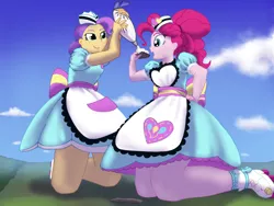 Size: 1600x1200 | Tagged: suggestive, artist:causticeichor, derpibooru import, pinkie pie, tip top, human, equestria girls, equestria girls series, apron, carhop, city, clothes, cloud, commission, couple, cream, date, doo wop, female, females only, fetish, giantess, hand on hip, hat, kneeling, legs, looking down, macro, pinkie pred, roller skates, skirt, sky, smiling, vore, waitress