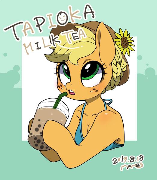 Size: 1300x1493 | Tagged: safe, artist:potetecyu_to, derpibooru import, applejack, earth pony, pony, abstract background, braid, bubble tea, clothes, drink, drinking straw, female, flower, human shoulders, mare, milk tea, open mouth, signature, solo, straw, sunflower