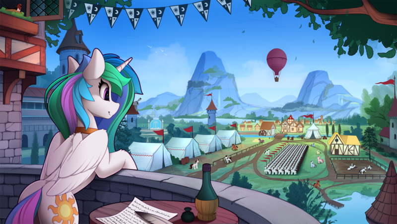Size: 2520x1420 | Tagged: safe, artist:yakovlev-vad, derpibooru import, princess celestia, alicorn, bird, pony, alcohol, alternate cutie mark, background pony, balcony, canterlot, cute, cutelestia, female, horses doing horse things, hot air balloon, inkwell, mare, mountain, mountain range, quill pen, scenery, scenery porn, smiling, solo focus, tent, tents, town, wallpaper, window, wine, young celestia