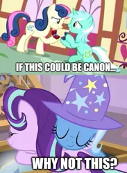 Size: 636x868 | Tagged: safe, derpibooru import, edit, edited screencap, screencap, bon bon, lyra heartstrings, starlight glimmer, sweetie drops, trixie, earth pony, pony, unicorn, the big mac question, the ending of the end, leak, female, lesbian, lyrabon, shipping, startrix