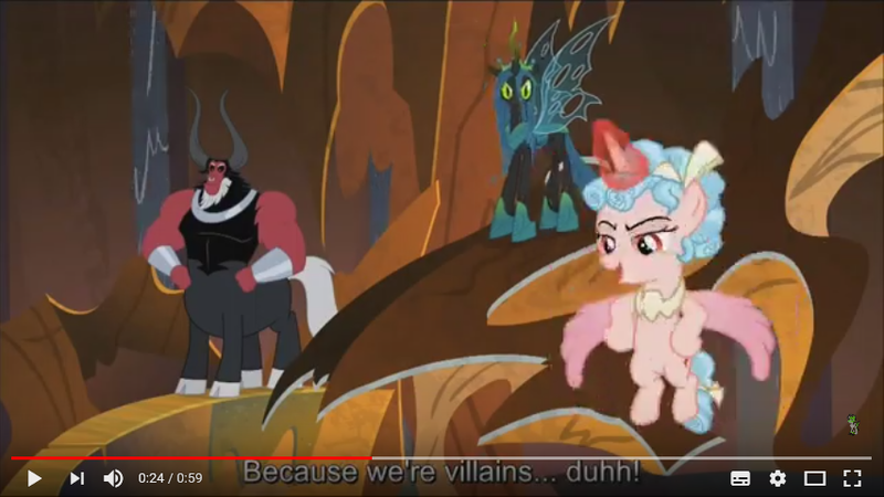 Size: 853x480 | Tagged: safe, derpibooru import, edit, edited screencap, screencap, cozy glow, lord tirek, queen chrysalis, alicorn, centaur, changeling, changeling queen, pony, the ending of the end, leak, bow, caption, cloven hooves, colored hooves, female, filly, flying, hair bow, implied discord, implied grogar, male, meme, nose piercing, nose ring, piercing, trio, ultimate chrysalis, youtube, youtube caption, youtube link