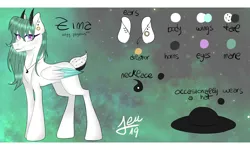 Size: 2000x1200 | Tagged: safe, artist:zima, derpibooru import, oc, oc:zima, hybrid, pegasus, pony, ear piercing, earring, galaxy, hat, horns, jewelry, looking at you, necklace, paint tool sai, piercing, reference sheet, solo, standing, yang