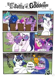 Size: 2550x3506 | Tagged: safe, artist:lupiarts, artist:snoopystallion, derpibooru import, princess cadance, princess celestia, princess flurry heart, princess luna, shining armor, twilight sparkle, twilight sparkle (alicorn), alicorn, pony, comic:epic battle of the goddesses, burping contest, clapping ponies, collaboration, comic, competition, expressions, floppy ears, funny, grin, majestic as fuck, royal sisters, smiling, sunglasses