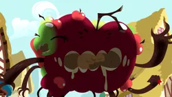 Size: 1920x1080 | Tagged: apple, apple monster, derpibooru import, food, fusion, living apple, monster, open mouth, safe, screencap, solo, the big mac question