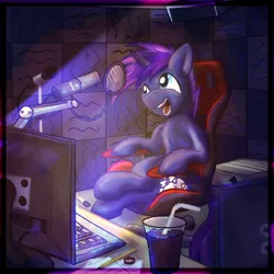 Size: 4000x4000 | Tagged: safe, artist:amura-of-jupiter, derpibooru import, oc, unofficial characters only, unicorn, bottlecap, box, cables, coke, crossed legs, cutie mark, gaming chair, glass, glowing light, happy, keyboard, male, microphone, monitor, open mouth, paper, pencil, piebald, recording, recording studio, screen, sitting, soda, speaker, talking, teeth
