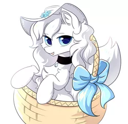 Size: 3300x3200 | Tagged: safe, artist:dreamweaverpony, derpibooru import, oc, oc:loulou, unofficial characters only, earth pony, pony, basket, chest fluff, collar, ear fluff, female, flower, hat, looking at you, mare, pony in a basket, pure white, ribbon, simple background, solo, white background