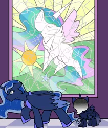 Size: 1600x1900 | Tagged: safe, artist:jolliapplegirl, derpibooru import, princess celestia, princess luna, oc, oc:desert moon, alicorn, hybrid, original species, pony, sphinx, female, filly, foal, implied death, interspecies offspring, mare, next generation, offspring, parent:oc:asra, parent:princess luna, parents:canon x oc, stained glass, story included, window