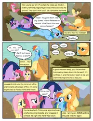 Size: 612x792 | Tagged: safe, artist:newbiespud, derpibooru import, edit, edited screencap, screencap, applejack, fluttershy, pinkie pie, rainbow dash, spike, twilight sparkle, dragon, earth pony, pegasus, pony, unicorn, comic:friendship is dragons, comic, dialogue, female, flying, freckles, hat, hole, looking back, looking up, male, mare, mud, on back, screencap comic, slit eyes, unicorn twilight