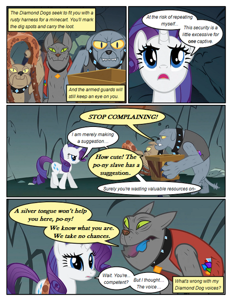 Size: 612x792 | Tagged: safe, artist:newbiespud, derpibooru import, edit, edited screencap, screencap, fido, rarity, rover, spot, diamond dog, pony, unicorn, comic:friendship is dragons, clothes, collar, comic, crate, dialogue, female, gem, male, mare, screencap comic, spiked collar, vest