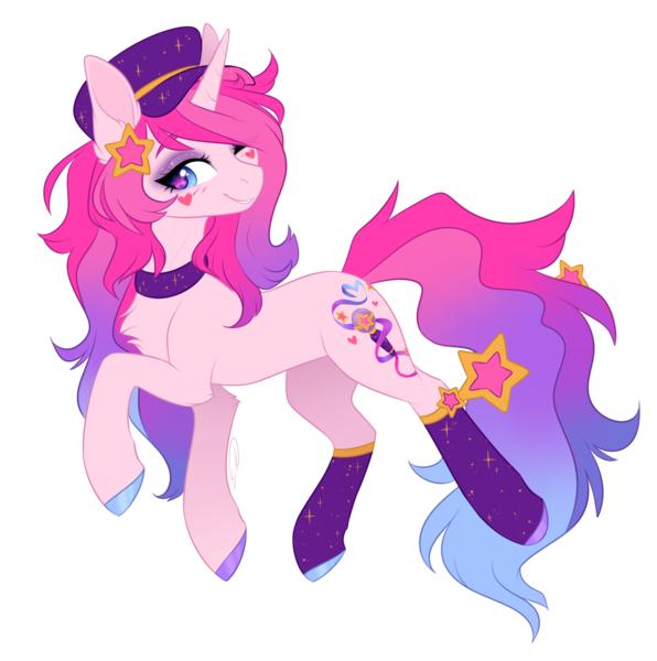 Size: 1398x1408 | Tagged: safe, artist:doekitty, derpibooru import, oc, oc:shooting star, pony, clothes, ear piercing, earring, hat, heart, jewelry, piercing, simple background, smiling, socks, solo, stars, transparent background