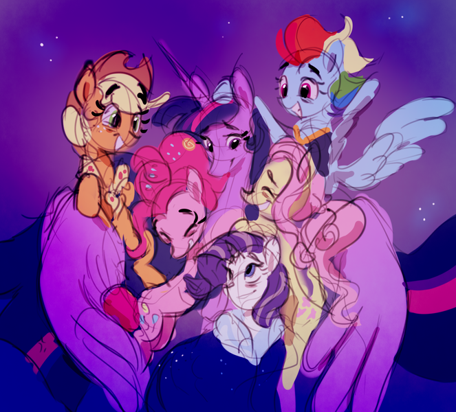 Size: 1578x1428 | Tagged: safe, artist:littmosa, derpibooru import, applejack, fluttershy, pinkie pie, princess twilight 2.0, rainbow dash, rarity, twilight sparkle, twilight sparkle (alicorn), alicorn, earth pony, pegasus, pony, unicorn, the last problem, alternate hairstyle, colored sketch, grey hair, group hug, hat, hug, mane six, mantle, night, sketch, smiling, spoiler, stars, winghug