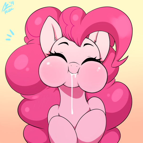 Size: 2000x2000 | Tagged: suggestive, artist:aer0 zer0, derpibooru import, edit, pinkie pie, earth pony, pony, anatomically incorrect, bust, cum, cum in mouth, female, gradient background, human shoulders, puffy cheeks, snowballing, solo, solo female