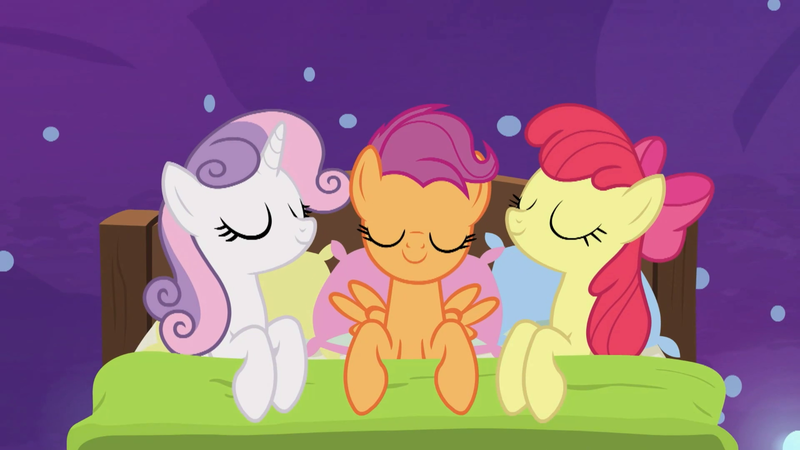 Size: 1920x1080 | Tagged: safe, derpibooru import, screencap, apple bloom, scootaloo, sweetie belle, earth pony, pegasus, pony, unicorn, growing up is hard to do, bed, being big is all it takes, cutie mark crusaders, eyes closed, female, mare, older, older apple bloom, older cmc, older scootaloo, older sweetie belle