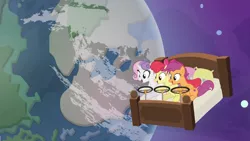 Size: 1920x1080 | Tagged: safe, derpibooru import, screencap, apple bloom, scootaloo, sweetie belle, earth pony, pegasus, pony, unicorn, growing up is hard to do, bed, being big is all it takes, cutie mark, cutie mark crusaders, earth, equus, older, older apple bloom, older cmc, older scootaloo, older sweetie belle, planet, steering wheel, the cmc's cutie marks