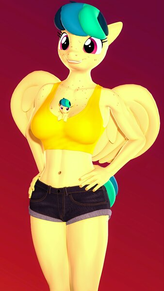 Size: 2304x4096 | Tagged: 3d, anthro, anthro with ponies, artist:flushthebatsanta, belly button, busty apogee, clothes, cute, derpibooru import, female, freckles, mare, oc, oc:apogee, pegasus, safe, self ponidox, shirt, shorts, smiling, source filmmaker, tanktop