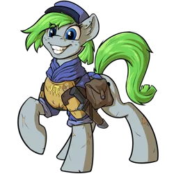 Size: 1000x1000 | Tagged: safe, artist:kalemon, derpibooru import, oc, oc:radiant hope, earth pony, pony, bag, cap, clothes, grin, hat, knife, saddle bag, smiling, uniform