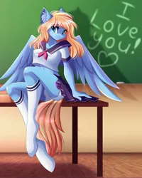 Size: 4444x5555 | Tagged: alternate version, anthro, anthro oc, artist:airiniblock, boyshorts, breasts, chalkboard, classroom, clothes, commission, cute, derpibooru import, female, midriff, miniskirt, moe, oc, oc:lusty symphony, panties, pegasus, pleated skirt, rcf community, safe, school uniform, short shirt, sitting, skirt, socks, solo, sweet dreams fuel, text, thighs, underwear, upskirt, white underwear