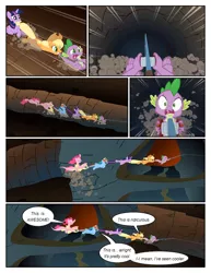 Size: 612x792 | Tagged: safe, artist:newbiespud, derpibooru import, edit, edited screencap, screencap, applejack, fluttershy, pinkie pie, rainbow dash, spike, twilight sparkle, dragon, earth pony, pegasus, pony, unicorn, comic:friendship is dragons, comic, dialogue, eyes closed, falling, female, fishing rod, flying, hat, male, male pov, mare, mouth hold, offscreen character, ponies riding ponies, pov, riding, scared, screencap comic, tail, tail pull, unicorn twilight