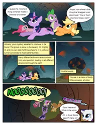 Size: 612x792 | Tagged: safe, artist:newbiespud, derpibooru import, edit, edited screencap, screencap, applejack, pinkie pie, rarity, twilight sparkle, dragon, pony, unicorn, comic:friendship is dragons, cave, comic, dialogue, eyes closed, female, freckles, hat, hole, looking up, male, mare, no, onomatopoeia, screencap comic, squeak, unicorn twilight