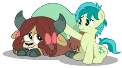 Size: 4362x2452 | Tagged: safe, artist:aleximusprime, derpibooru import, sandbar, yona, earth pony, pony, yak, comforting, couple, cute, daaaaaaaaaaaw, female, male, pair, patting, sandabetes, shipping, straight, yonabar, yonadorable