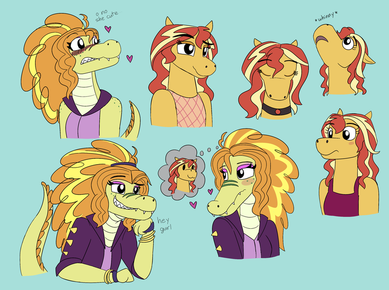 Size: 2950x2200 | Tagged: safe, artist:suchosophie, derpibooru import, adagio dazzle, sunset shimmer, alligator, anthro, horse, equestria girls, blushing, clothes, dazzlegator, descriptive noise, female, floating heart, freckles, geode of empathy, heart, horse noises, interspecies, lesbian, love, magical geodes, onomatopoeia, shipping, species swap, sunsagio, text, thought bubble