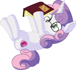 Size: 6682x6148 | Tagged: safe, artist:cyanlightning, derpibooru import, sweetie belle, pony, unicorn, .svg available, absurd resolution, adorkable, book, chest fluff, cute, cutie mark, diasweetes, dork, ear fluff, female, filly, glasses, nerd, on back, reading, simple background, smiling, solo, tail stand, the cmc's cutie marks, transparent background, vector