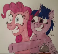 Size: 1306x1218 | Tagged: safe, artist:rapidsnap, derpibooru import, pinkie pie, twilight sparkle, twilight sparkle (alicorn), alicorn, pony, a trivial pursuit, crazy face, crazy smile, faic, messy mane, traditional art, twilighting