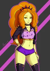 Size: 1280x1811 | Tagged: safe, artist:rambon7, derpibooru import, editor:needed, adagio dazzle, equestria girls, equestria girls series, sunset's backstage pass!, spoiler:eqg series (season 2), abstract background, belly button, boots, booty shorts, bracelet, breasts, clothes, cocked hip, delicious flat chest, eyelashes, eyeshadow, female, flatdagio dazzle, hairband, hand on hip, jewelry, lidded eyes, makeup, midriff, raised eyebrow, shoes, short shirt, small breasts, solo, thigh boots, thighs, wide hips