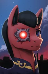 Size: 1362x2100 | Tagged: safe, artist:mrscroup, derpibooru import, oc, oc:red eye, unofficial characters only, cyborg, earth pony, pony, fallout equestria, fanfic, bust, clothes, cloud, cyber eyes, fanfic art, fillydelphia, looking at you, male, night, night sky, portrait, sky, solo, stallion, stars, vault suit