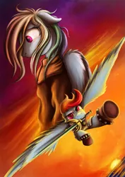 Size: 1237x1750 | Tagged: safe, artist:jamescorck, derpibooru import, rainbow dash, pegasus, pony, anime, berserk, casca, clothes, crossover, female, looking at you, mare, mouth hold, robe, solo, sunset, sword, weapon