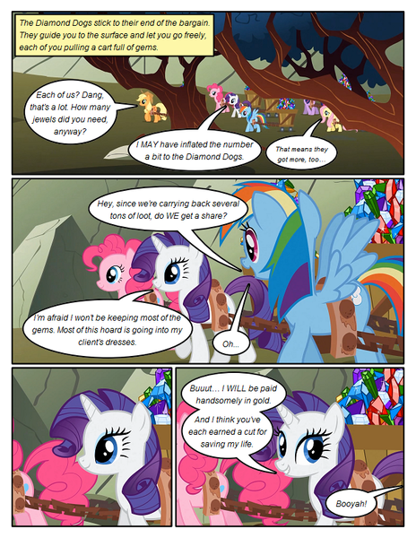 Size: 612x792 | Tagged: safe, artist:newbiespud, derpibooru import, edit, edited screencap, screencap, applejack, fluttershy, pinkie pie, rainbow dash, rarity, twilight sparkle, earth pony, pegasus, pony, unicorn, comic:friendship is dragons, comic, dialogue, female, grin, implied diamond dog, mane six, mare, screencap comic, smiling, tree, unicorn twilight, wagon