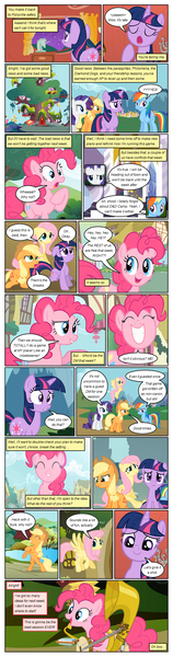 Size: 612x2320 | Tagged: safe, artist:newbiespud, derpibooru import, edit, edited screencap, screencap, applejack, fluttershy, pinkie pie, rainbow dash, rarity, twilight sparkle, earth pony, pegasus, pony, unicorn, comic:friendship is dragons, comic, dialogue, female, flying, freckles, frown, golden oaks library, grin, hat, looking up, mane six, mare, musical instrument, rearing, screencap comic, smiling, unicorn twilight