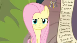 Size: 1920x1080 | Tagged: safe, derpibooru import, screencap, fluttershy, pony, she talks to angel, checklist, female, fluttershy is not amused, mare, solo, unamused