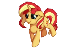 Size: 1200x762 | Tagged: safe, artist:swasdoodles, derpibooru import, sunset shimmer, pony, unicorn, equestria girls, female, floppy ears, mare, simple background, smiling, solo, transparent background