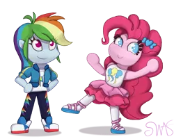 Size: 1200x960 | Tagged: safe, artist:swasdoodles, derpibooru import, pinkie pie, rainbow dash, equestria girls, chibi, clothes, converse, no nose, shoes, simple background, sneakers, transparent background